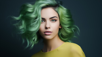 Fabulous woman with green hair, beautiful female long wavy hair beauty salon, fashion model concept healthy, natural hair