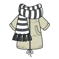 Casual oversized heavily insulated coat with a large striped scarf color variation for coloring page