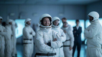 Confident Astronaut with Crew in Background.