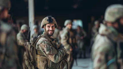 Foto op Plexiglas Joyful Armed Soldier with Comrades. © vlntn