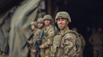 Obraz premium Joyful Armed Soldier with Comrades.