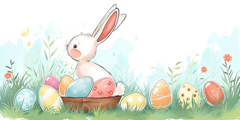 A cute Easter bunny in a clearing with a basket of eggs. A hand-drawn illustration for the holiday.