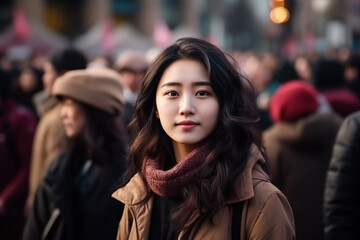 young beautiful chinese woman in the city street.