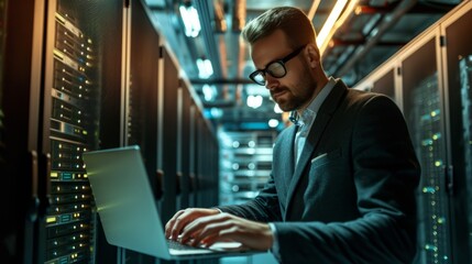 Male IT specialist working on laptop in server room