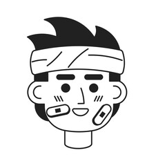 Bandage wrapped head man cheerful black and white 2D vector avatar illustration. Asian patient band-aid outline cartoon character face isolated. Positive attitude flat user profile image, portrait