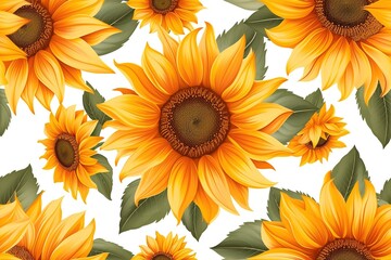 Seamless Pattern Sunflowers bloom in a vibrant garden, set against a white background, showcasing the beauty of nature in a bright and colorful display