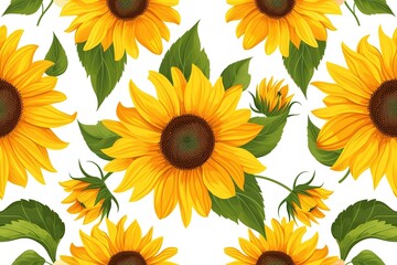Seamless Pattern Sunflowers bloom in a vibrant garden, set against a white background, showcasing the beauty of nature in a bright and colorful display