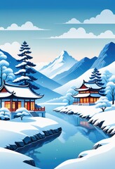 Fototapeta premium a winter scene with snow-covered trees, house on background with snowflakes falling from sky by ai generated