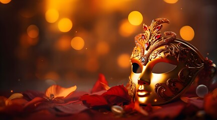 Golden carnival mask with red leaves on bokeh background.