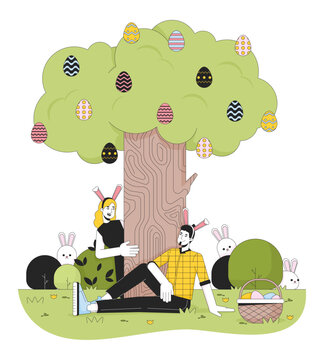 Easter egg hunting 2D linear illustration concept. Caucasian couple wearing bunny ears in yard cartoon characters isolated on white. April Eastertime metaphor abstract flat vector outline graphic