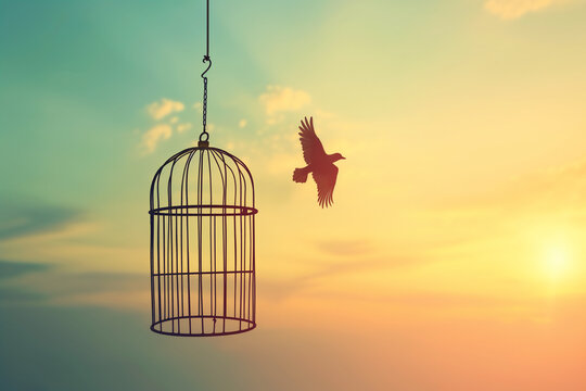 Picture of Bird flies out of the cage. freedom concept.