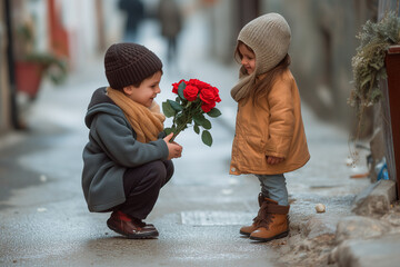 Adorable boy is giving a bouquet of red roses to a little girl on the street - obrazy, fototapety, plakaty