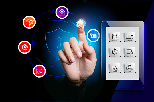 Digital interaction: Hand pressing button on touchscreen, symbolizing technology, cyber security protection business, and the future of digital communication and networking