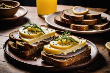 An open-faced sandwich made with dark bread, butter, and slices of smoked Baltic herring by ai generated - obrazy, fototapety, plakaty