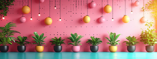 A Botanical Oasis on a Vibrant Pink Canvas: A Whimsical Wonderland of Potted Plants