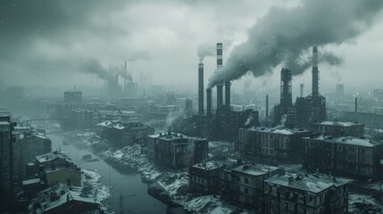 Dark atmospheric industrial pollution image with thick, toxic smoke billowing from factory chimneys, contributing to environmental damage and air pollution, creating a gloomy and hazardous scene.