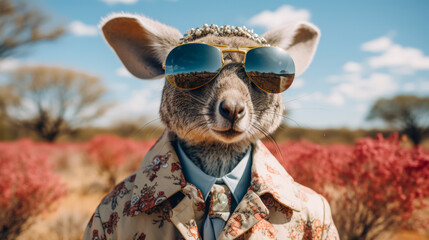 Visualize a debonair kangaroo in a tailored safari suit, accessorized with a pith helmet and binoculars. Amidst a backdrop of savannah grasslands, it exudes explorer charm and safari sophistication. T - obrazy, fototapety, plakaty