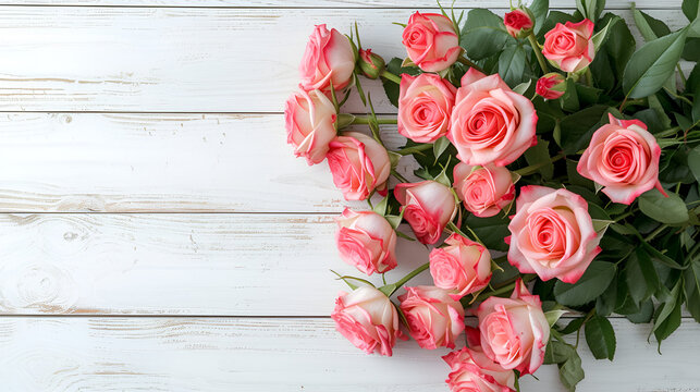 Bouquet of beautiful pink roses on white wooden background with copy space. Women's Day, Mother's Day, Valentine's Day, Wedding concept generative ai