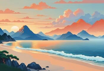 Beautiful beach and tropical sea under while orange sunset with clouds by ai generated