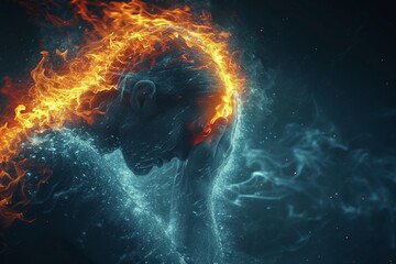 Digital illustration of a person in distress, clutching their head and neck in pain, surrounded by a fiery, oppressive heat. The image depicts the discomfort and agony of physical suffering. - obrazy, fototapety, plakaty