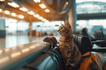A tabby cat and a rat waiting for the flight at the airport to start a journey