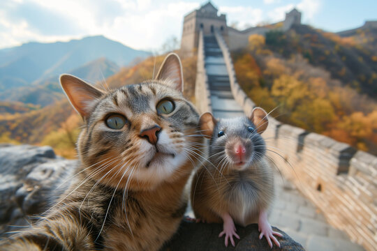 Couple tabby cat and a rat taking a selfie photo together while travelling at Great wall of China