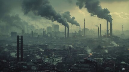 An industrial plant emitting toxic smoke into the atmosphere, contributing to environmental pollution. The thick smoke clouds the air and poses a threat to the surrounding ecosystem. - obrazy, fototapety, plakaty