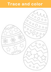Trace and color cute Easter eggs. Easter egg tracing worksheet. Simple line drawing practice for preschool children.