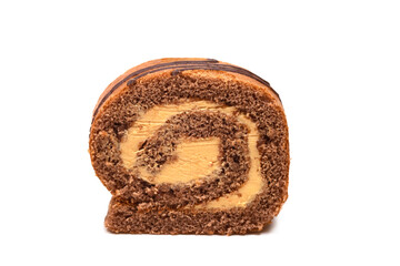 Sliced sponge roll with cream isolated on white, close-up