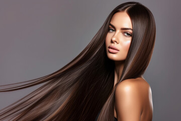 Fashion woman with straight long shiny hair. Beauty and hair care. model girl with shiny brown and straight long hair. Keratin straightening. Treatment, care and spa procedures. Smooth hairstyle