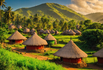 a panoramic view of a traditional ethiopian village. 8k, realstic, colorful, vibrant image