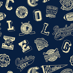 College athletic department sporting badges patchwork vintage vector seamless pattern for boy kids fabric grunge effect in separate layer - 723891278