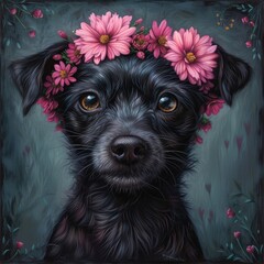 black dog with a wreath of pink flowers on her head with big eyes on a pastel black background