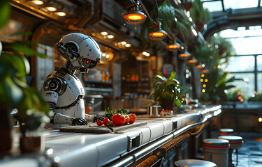 View of a Beautiful robot preparing food in the kitchen