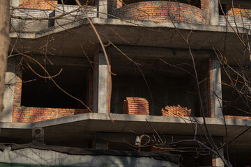 Kyiv, Ukraine - January 29, 2024: There are three unfinished houses on Borshchagivka Street. construction began in 2004. high-rise buildings are abandoned. many apartments are sold out, many apartment