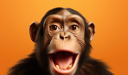 Portrait of a Chimpanzee showing his teeth. Open mouth. Orange background