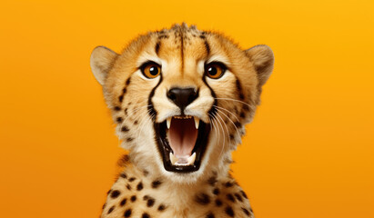 Portrait of a Cheetah showing his teeth. Open mouth. Orange background