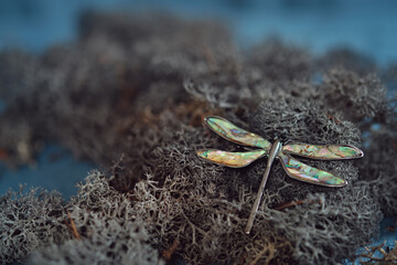 Iridescent Dragonfly Brooch on Moss Bed. Striking dragonfly brooch with luminous wings set against...