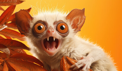 Portrait of a Tarsius monkey showing his teeth. Open mouth. Orange background