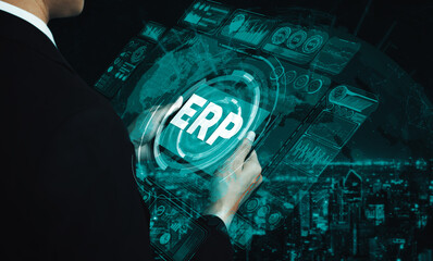 Enterprise Resource Management ERP software system for business resources plan presented in modern...