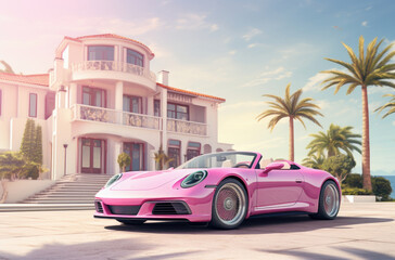 A pink sports car next to a pink house next to the sea. The blonde's house