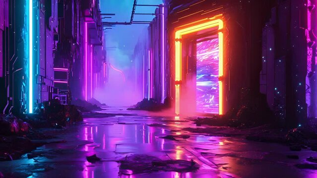 A rainbowcolored portal leading into a glowing world of neon game characters and challenges.