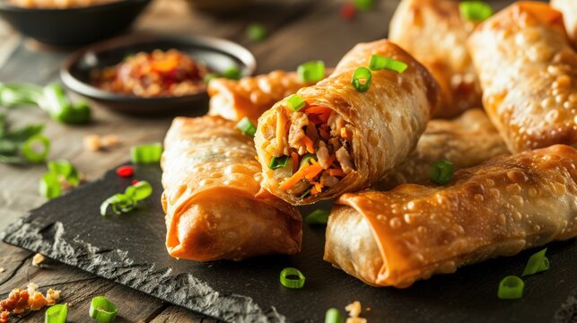 Freshly made egg rolls filled with pork and vegetables, served on a slate.
