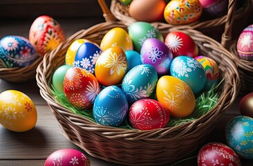 Fototapeta na wymiar Multicolored hand painted decorated Easter eggs with spring blossom flowers. Easter celebration concept. Happy Easter background.