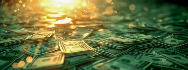 Money abundance captured with warm glowing light symbolizing wealth.

 - obrazy, fototapety, plakaty