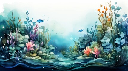 Fototapeta na wymiar Underwater plants and algae. Watercolor drawing on a white background. Underwater art