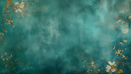 Fototapeta na wymiar Teal Tranquility: Fine Art Texture Overlay with Golden Floral Accents