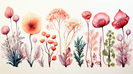 Underwater plants and algae. Watercolor drawing on a white background. Underwater art