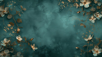 Fototapeta na wymiar Teal Tranquility: Fine Art Texture Overlay with Golden Floral Accents