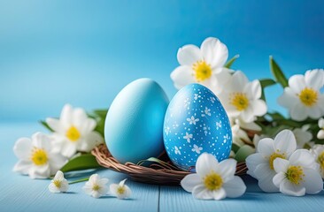 Obraz na płótnie Canvas Multicolored hand painted decorated Easter eggs with spring blossom flowers over blue background. Easter celebration concept. Happy Easter background.